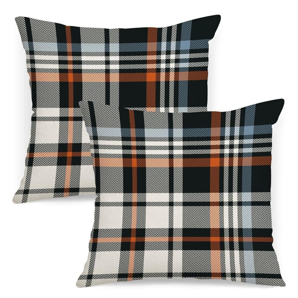 3365 Fall Plaid Pillow Covers 20x20 Set of 2 Black Orange Check Plaid